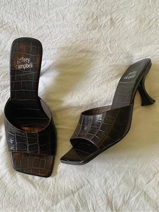 Jeffrey Campbell Shoes - Jeffrey Campbell Dark Brown Croc-Embossed Slide Kitten Heel Mules